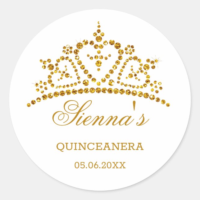 GoldGlitter Tiara in einer Herzform Quinceanera Runder Aufkleber (Vorderseite)