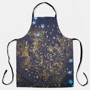 Goldglitter und glitzernde blaue Sterne auf schwar Schürze