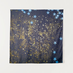 Goldglitter und glitzernde blaue Sterne auf schwar Wandteppich
