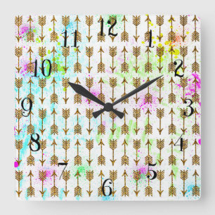 GoldGlittereffektpfeile Watercolors-Spritzer Quadratische Wanduhr