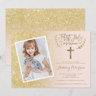 GoldGlitterkreuzrosa-Foto erste heilige Kommunion Einladung