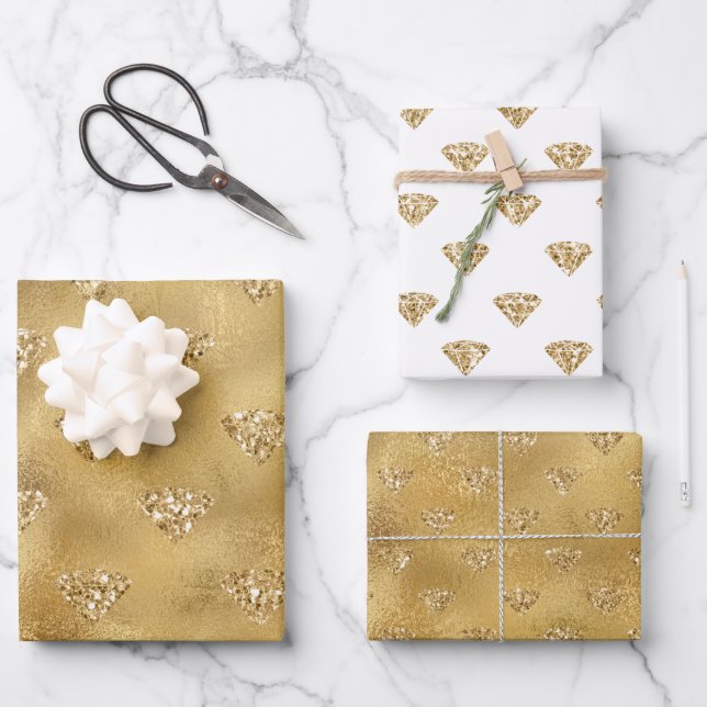Goldglitz-Glitzer-Diamanten Geschenkpapier Set (Vorderseite)