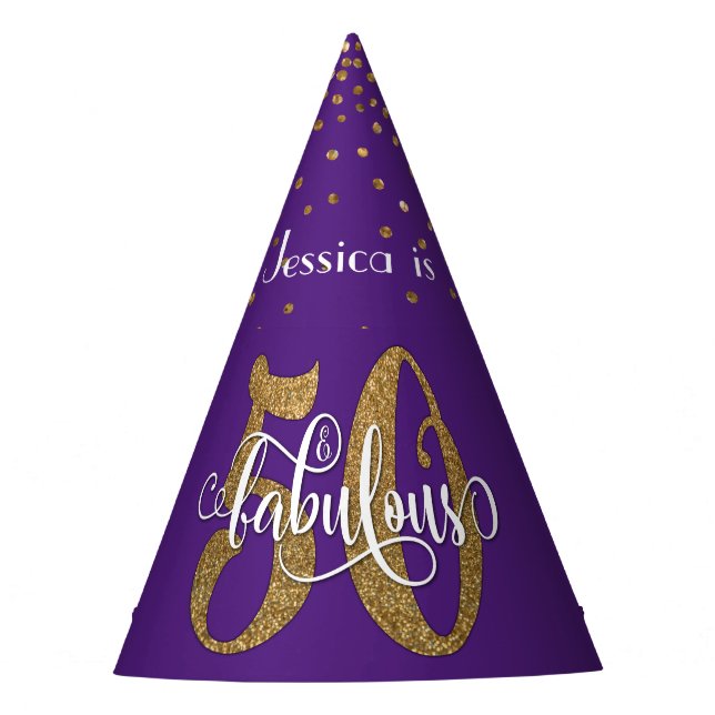 GoldGlitzer 50 u. fabelhafte Typografie auf Lila Partyhütchen (Vorderseite)