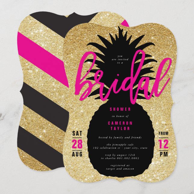 GoldGlitzer-Ananaschic-Brautparty laden ein Einladung (Vorne/Hinten)