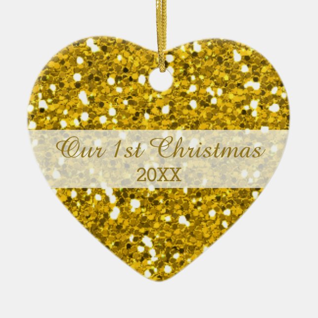 GoldGlitzer-erstes Weihnachtspaar-Foto Keramikornament (Vorne)
