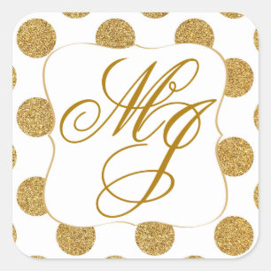 GoldGlitzer punktiert weißes Monogramm Labe Quadratischer Aufkleber