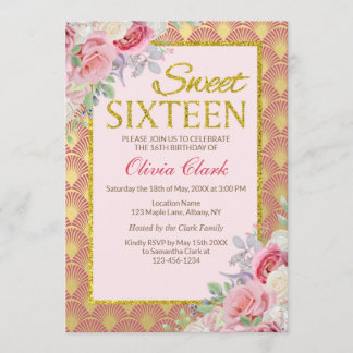 GoldGlitzer-Rosa-Blumen16. Geburtstag-Geburtstag Einladung
