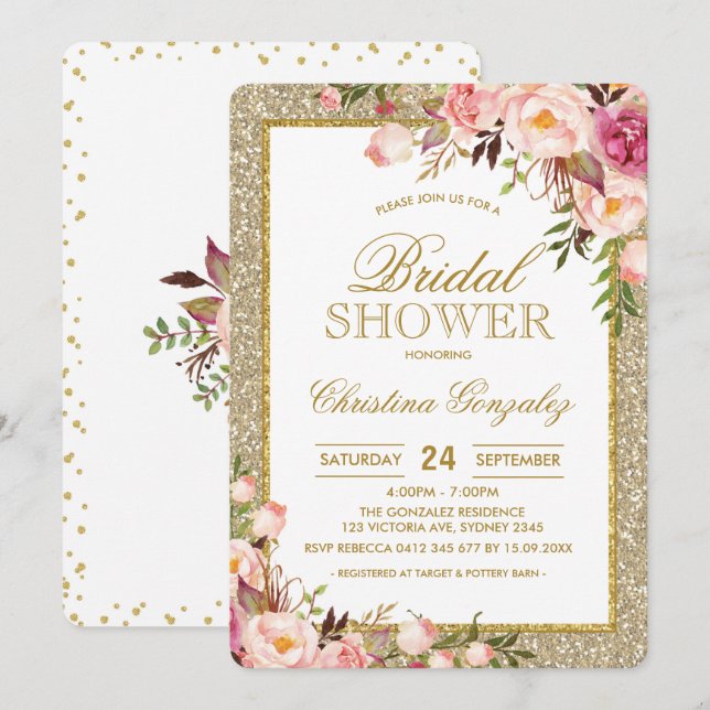 GoldGlitzer-Rosa-Rosen-BlumenBrautparty laden ein Einladung (Vorne/Hinten)
