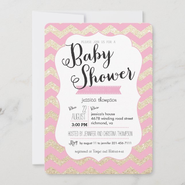GoldGlitzer u. rosa Zickzack Baby-Dusche laden ein Einladung (Vorderseite)