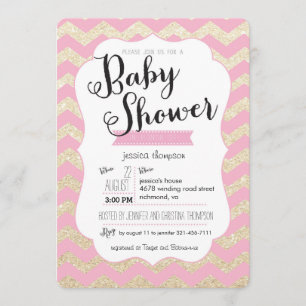 GoldGlitzer u. rosa Zickzack Baby-Dusche laden ein Einladung