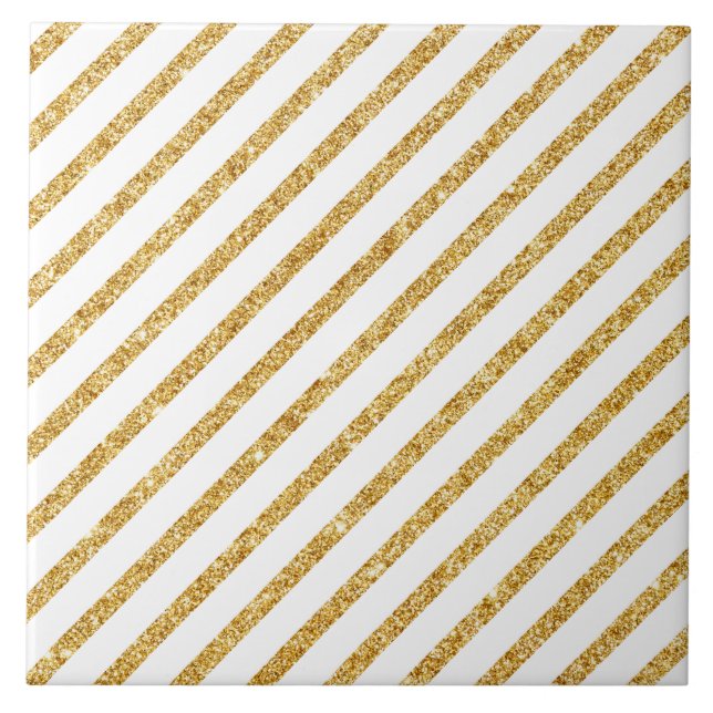 GoldGlitzer und weißes diagonales Streifen-Muster Fliese (Vorderseite)