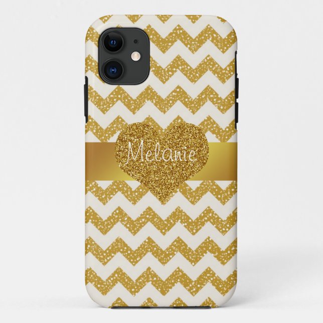 GoldGlitzer-Zickzack Monogramm iPhone mit Herzen Case-Mate iPhone Hülle (Rückseite)