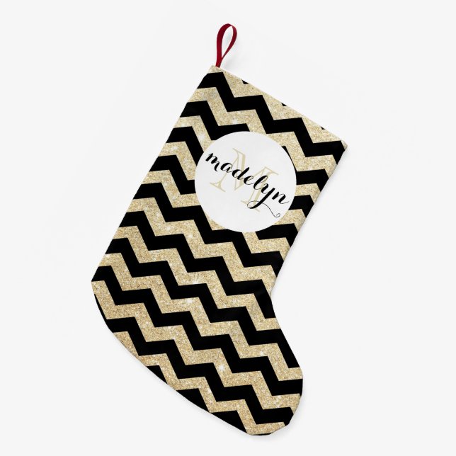 GoldGlitzer-Zickzack Monogramm-Strumpf Kleiner Weihnachtsstrumpf (Vorderansicht (hängend))