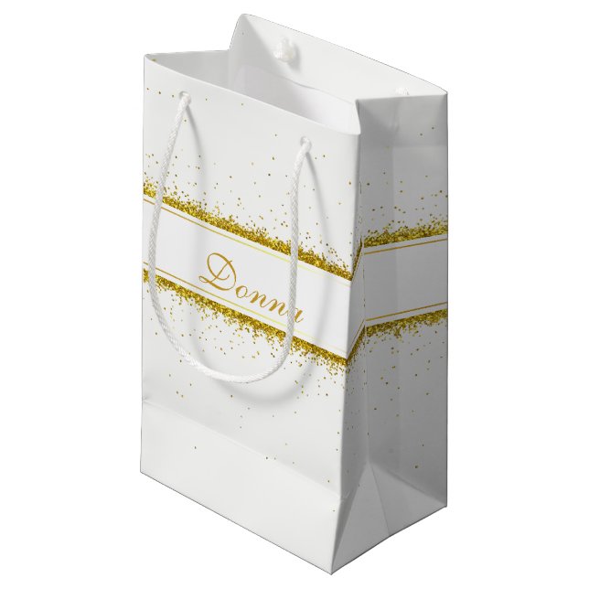 GoldGlitzerconfetti-Name - kleine Geschenk-Tasche Geschenktüte (Vorderseite Schrägansicht)