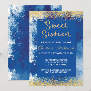 GoldGlitzerWatercolor 16. Geburtstag blauer Einladung