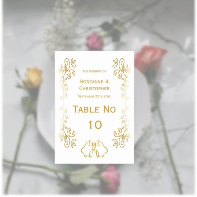 Goldglocken-Design-Hochzeit Tischnummer (Gold wedding table number card bells and scrollwork design)