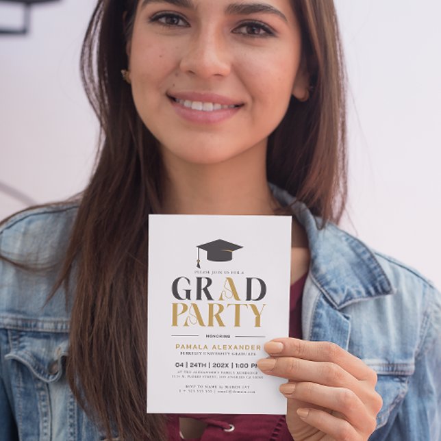 Goldgraue Party Retro Typografie auf Weiß Einladung (Von Creator hochgeladen)