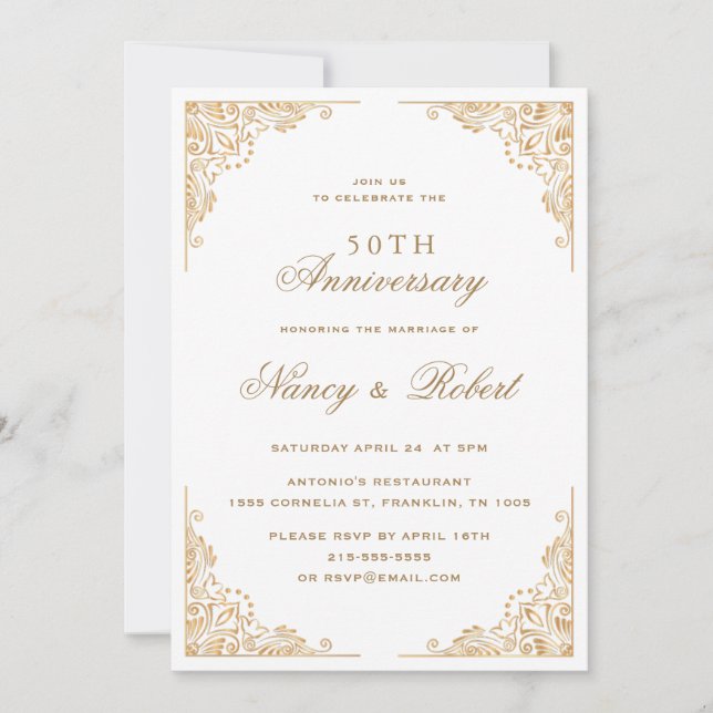 Goldgrenze Verziert Weiß 50. Hochzeitstag Einladung (Vorderseite)