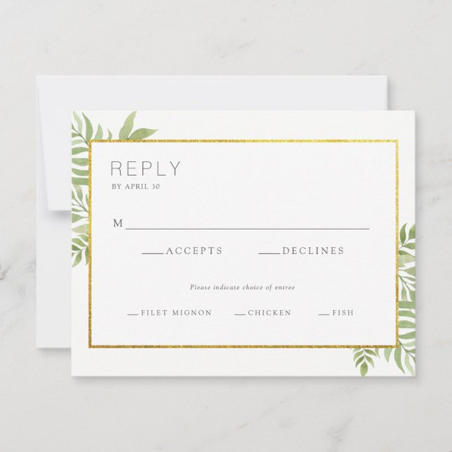 Goldgrenzgrün-BlumenBlätter, das Antwort-Karte RSVP Karte (Vorderseite)
