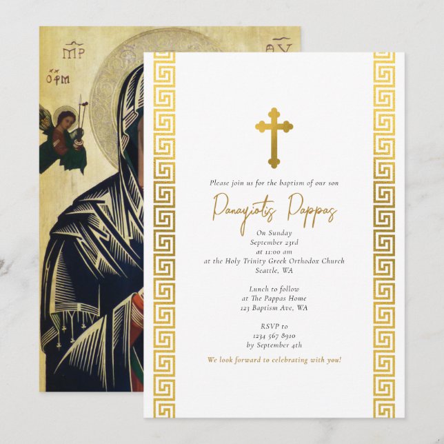 Goldgriechischer Schlüsselorthodox Christening Tau Einladung (Vorne/Hinten)