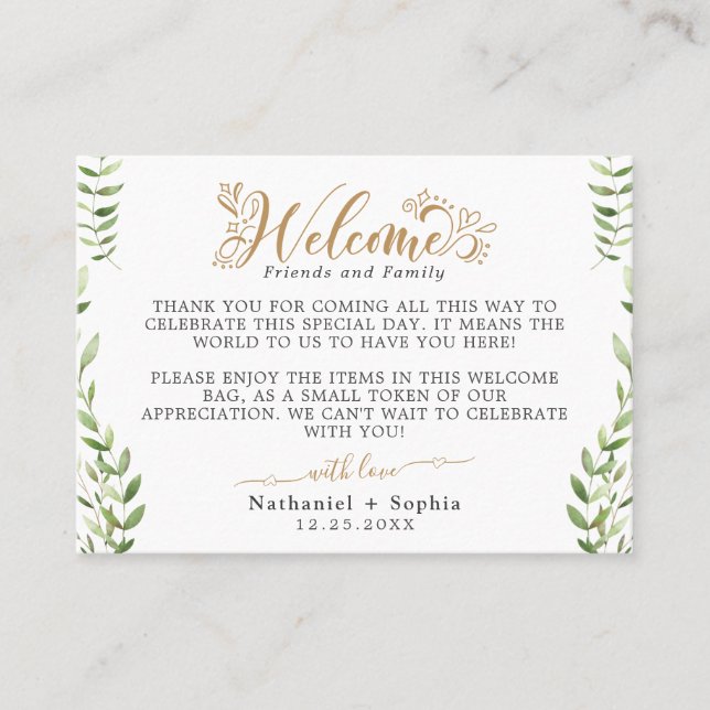 Goldgrün Begrüßung Beutel Beutel Platzkarte (Vorderseite)