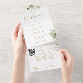 Goldgrün-Monogram QR-Code Hochzeit All In One Einladung