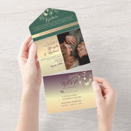 Goldgrün und Lila Fotos Hochzeit All In One Einladung