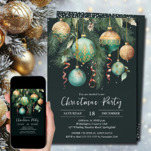 Goldgrüne Weihnachtsbaum-Ornamente Party Einladung