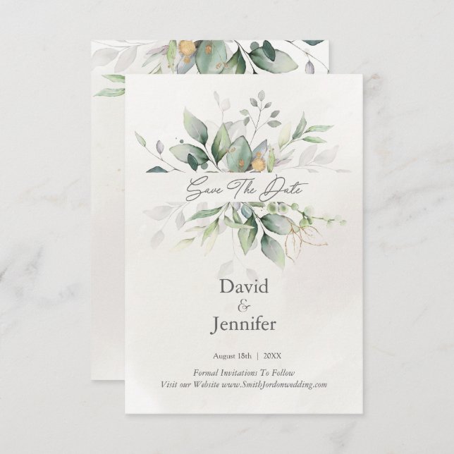 Goldgrüner Eukalyptus Save The Date (Vorne/Hinten)