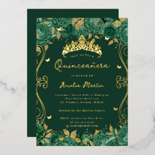 Goldgrüner Wirbel-Schriftrollen-Blumen-Quinceanera Folieneinladung