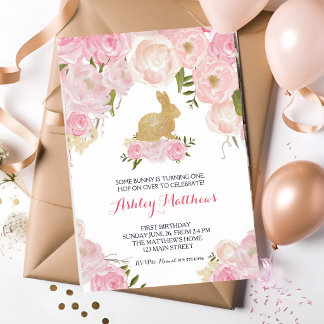 Goldhase rosa Blumen Geburtstag Einladung