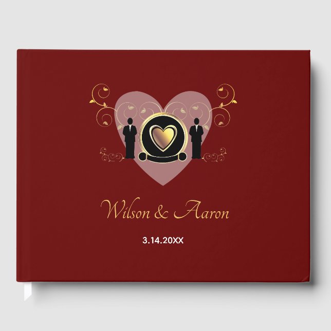 Goldherz Burgundy Male LGBTQ Hochzeit Gästebuch (Vorderseite)