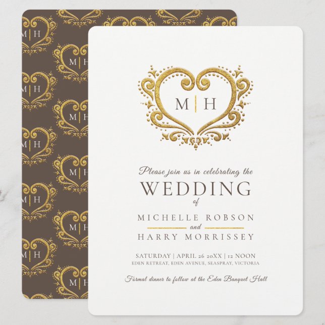 Goldherz-Hochzeit dunkelbraunes Weiß Einladung (Vorne/Hinten)