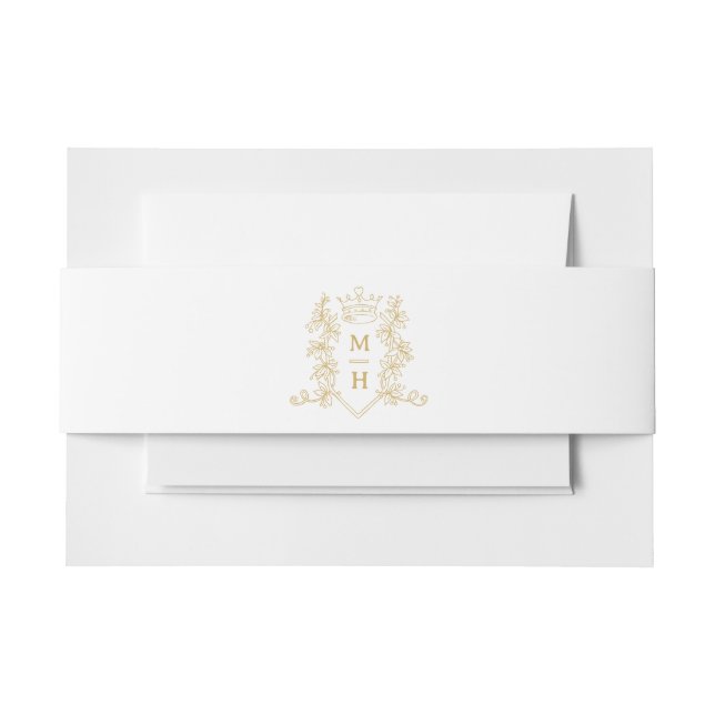 Goldherz-Kronen-Wappen-Blätter Monogramm Hochzeit Einladungsbanderole (Vorderseite Beispiel)