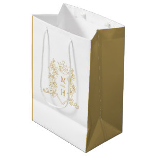 Goldherz-Kronen-Wappen-Blätter Monogramm Hochzeit Mittlere Geschenktüte