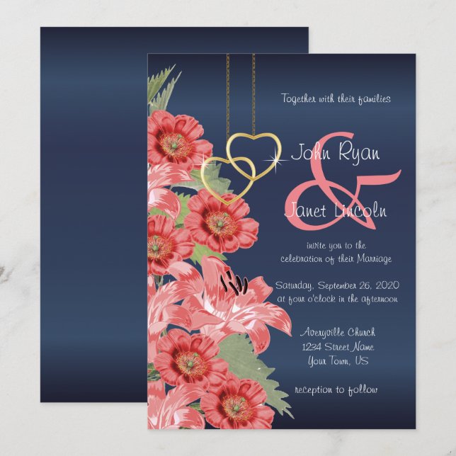 Goldherz und Korallen Blume Hochzeitseinladungen Einladung (Vorne/Hinten)