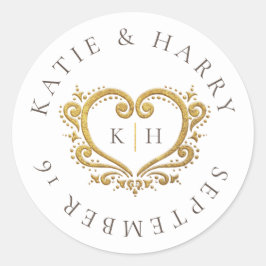 Goldherz-Weißbraun-Monogramm-Hochzeit Runder Aufkleber