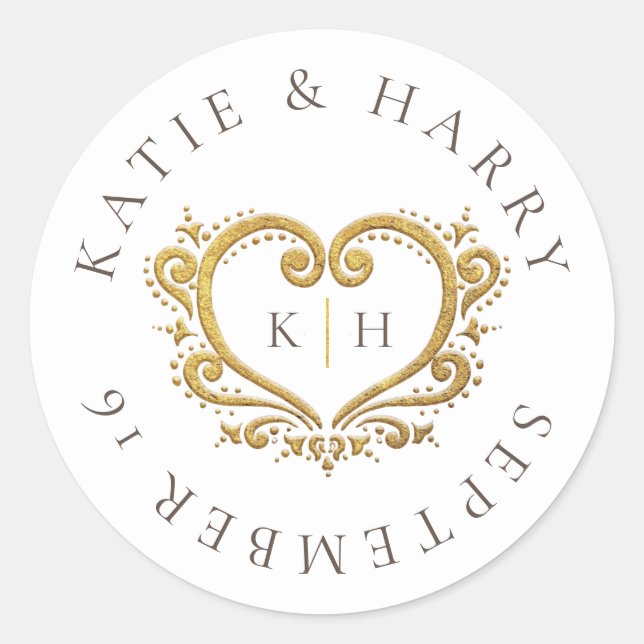 Goldherz-Weißbraun-Monogramm-Hochzeit Runder Aufkleber (Vorderseite)