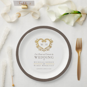 Goldherzbraun-Kranz-Monogramm-Hochzeit Pappteller