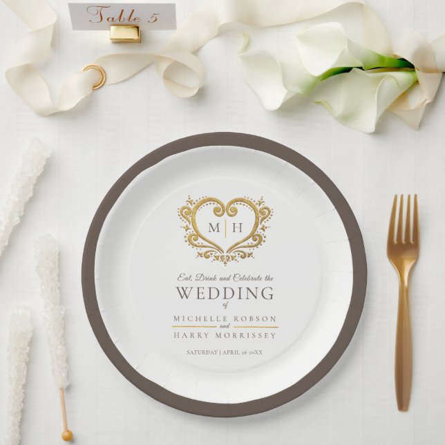 Goldherzbraun-Kranz-Monogramm-Hochzeit Pappteller (Hochzeit)