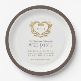 Goldherzbraun-Kranz-Monogramm-Hochzeit Pappteller