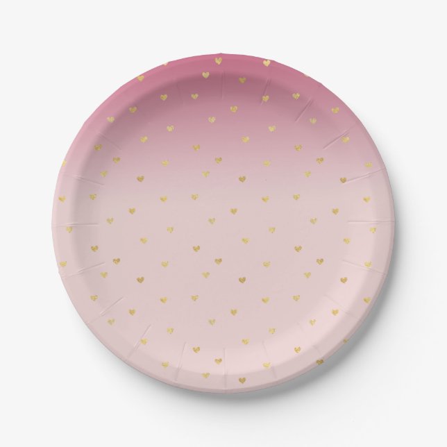Goldherzen erröten rosa Ombre Pappteller (Vorderseite)