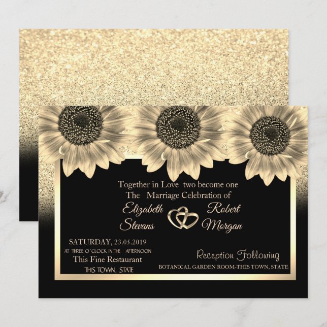 Goldherzen, Sonnenblumen, Einladung zum Hochzeitsf (Vorne/Hinten)