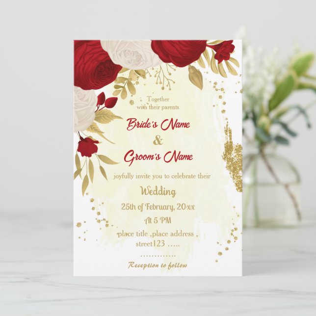 Goldhochzeit in Rot-Weiß-Blume Einladung (Stehend Vorderseite)