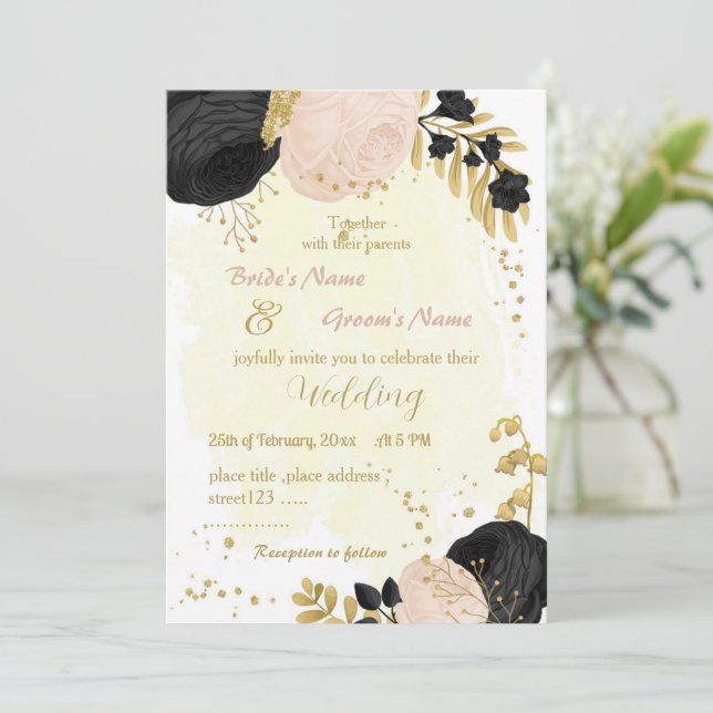 Goldhochzeit in Schwarz-Rosa-Blume Einladung (Stehend Vorderseite)