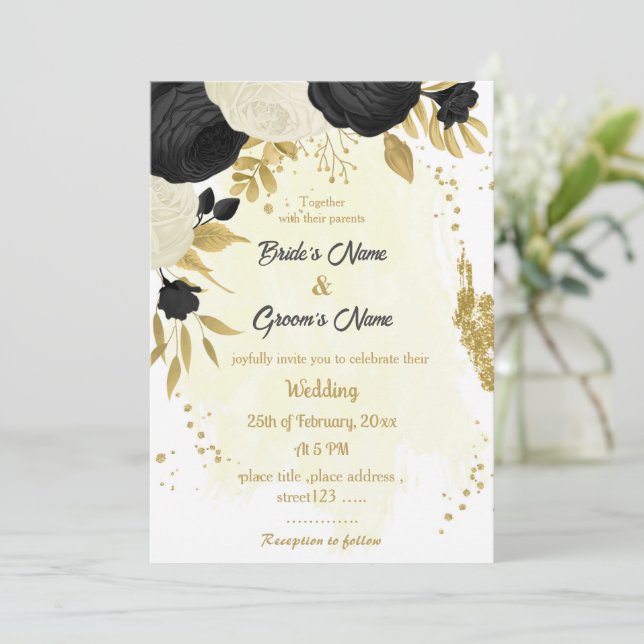 Goldhochzeit in Schwarz-Weiß-Blume Einladung (Stehend Vorderseite)