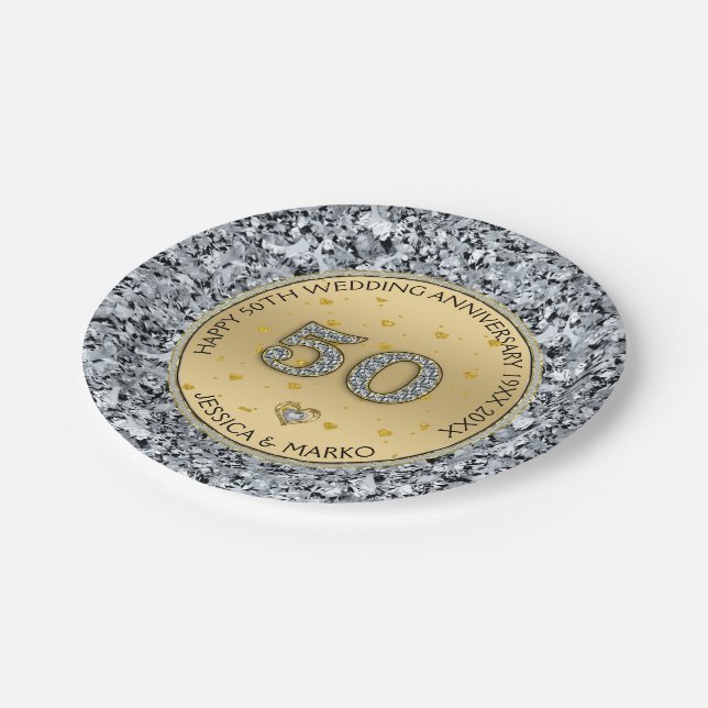 Goldhochzeit Jubiläum Weiße Diamanten und Gold Pappteller (Schrägansicht)