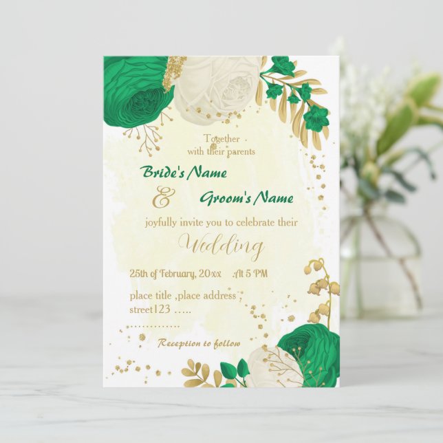 Goldhochzeit von grünen und weißen Blume Einladung (Stehend Vorderseite)