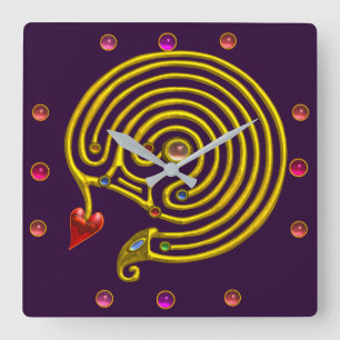 GOLDhyper LABYRINTH-ROSA-EDELSTEINE lila Gelb Quadratische Wanduhr