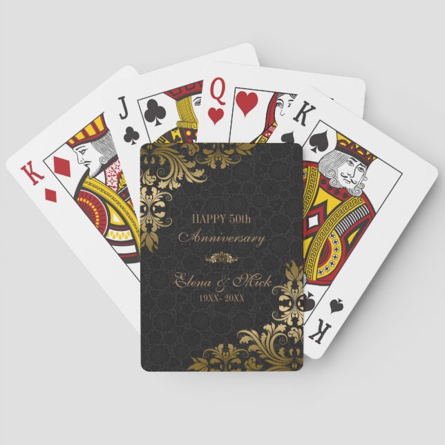 Goldjubiläum - Black Damask Gold Wirbel Spielkarten (Rückseite)